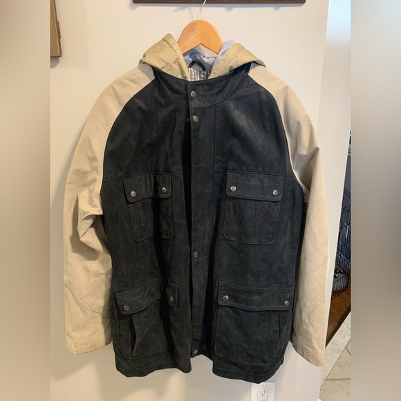 Blink Genuine Leather Colorblock Jacket XL Black Suede & Beige Hooded Parka - Picture 3 of 16